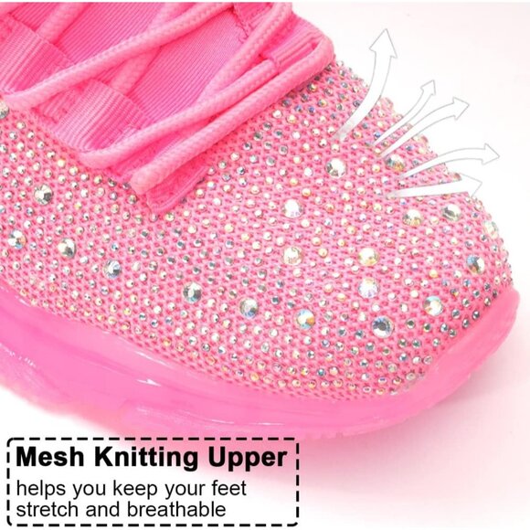 Women's Rhinestone Mesh Slip On Walking Breathable Pink Glitter Sneaker Shoes - Picture 3 of 6